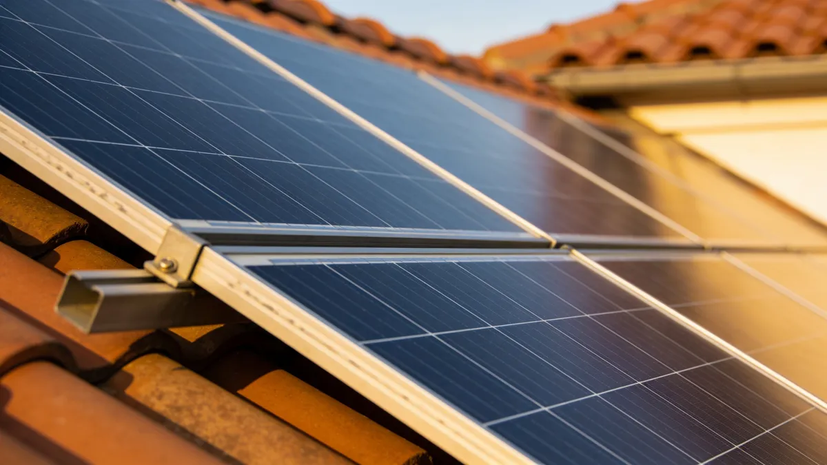 Rangées de panneaux solaires fixées au-dessus d’une toiture en tuiles rouges à Castres, en fin de journée